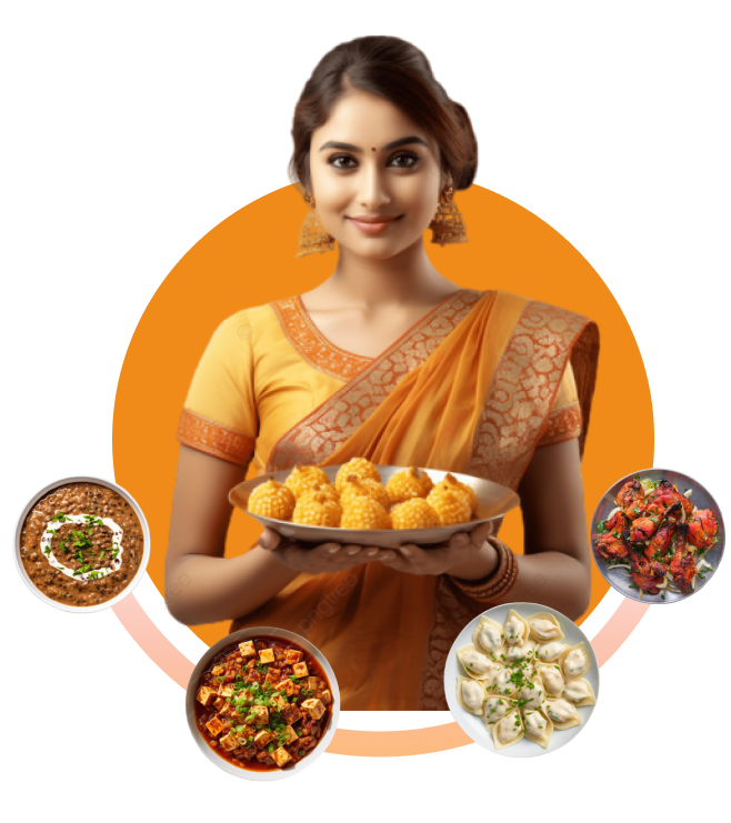 Punjabi woman with sweets and traditional dishes.