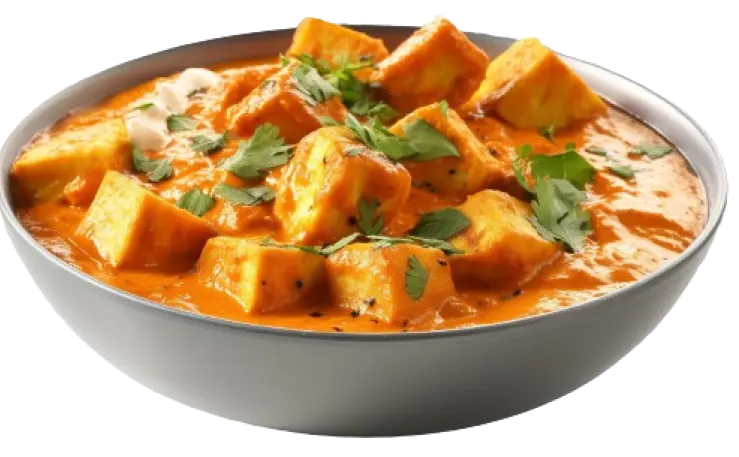 Paneer cubes in creamy curry sauce with cilantro garnish